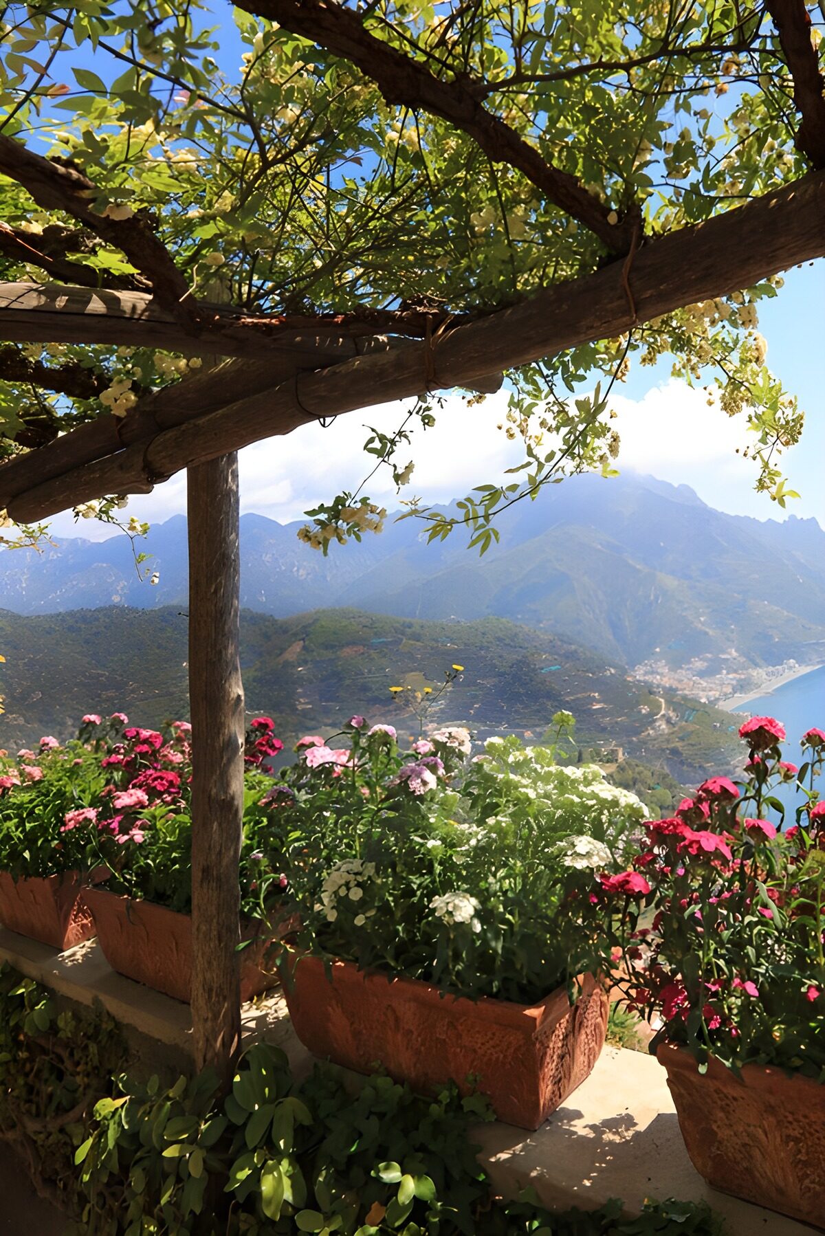 Blumenterrasse mit See- und Bergblick