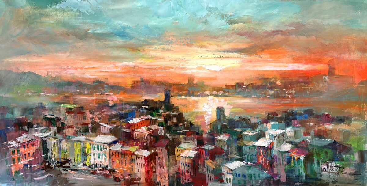 Bunte Stadt am Wasser im Abendlicht