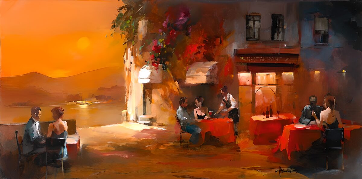 Restaurantterrasse bei Sonnenuntergang