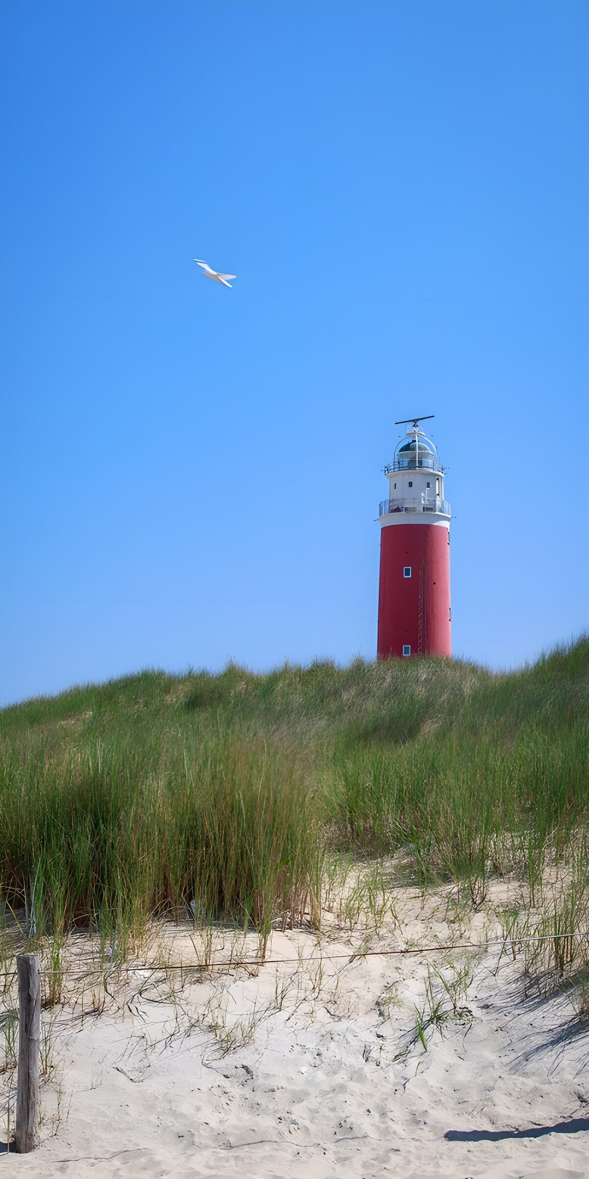 Roter Leuchtturm hinter grünen Dünen