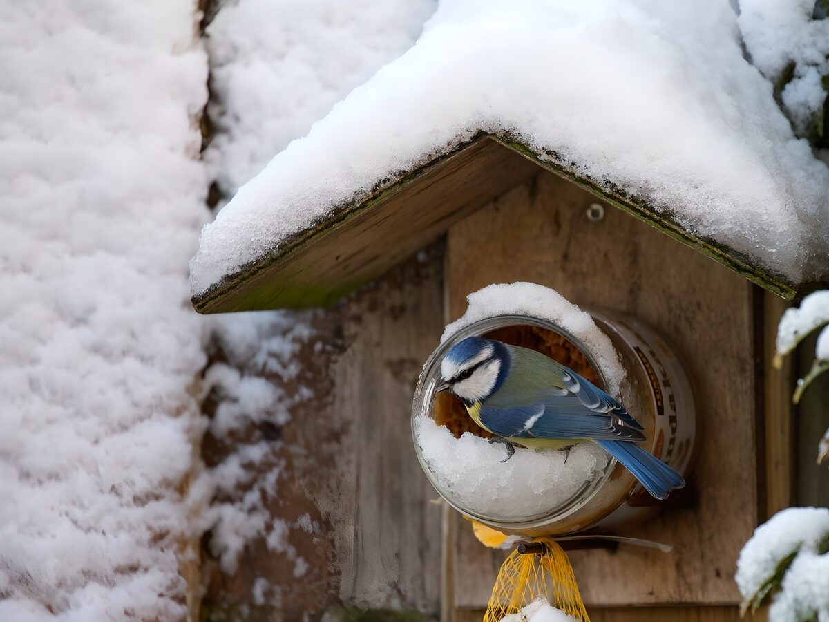 Blaumeise am verschneiten Futterhaus