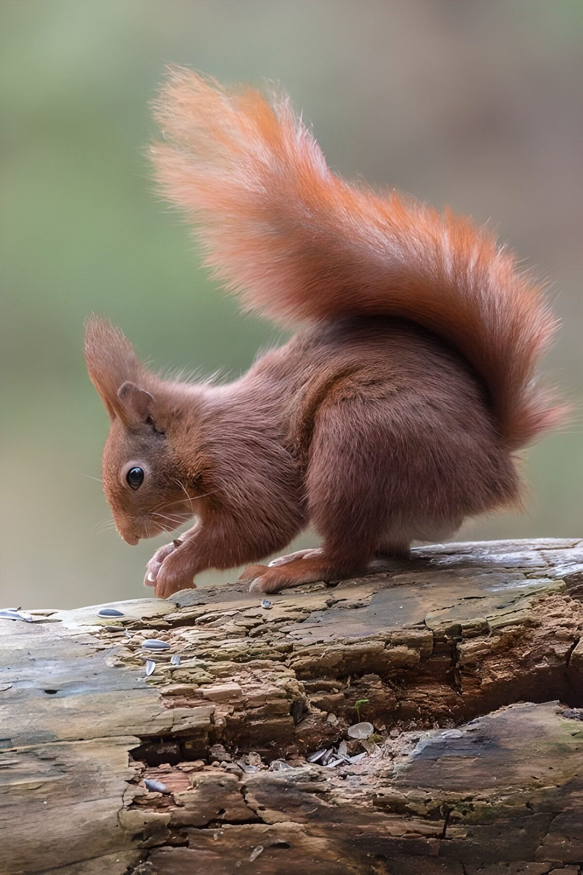 Rotes Eichhörnchen auf verwittertem Holz