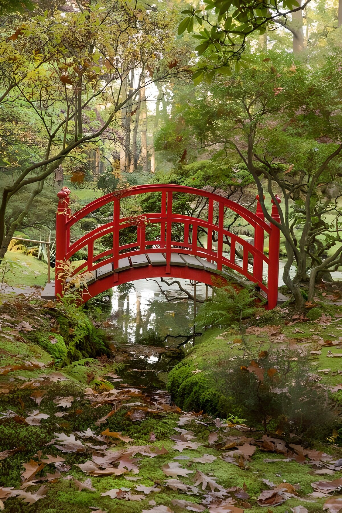 Rote Bogenbrücke im stillen Grün