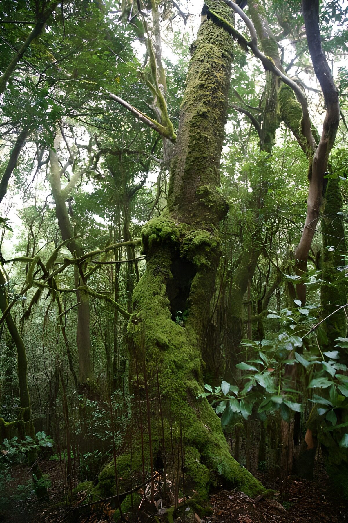 Moosbedeckter Baum im stillen Wald