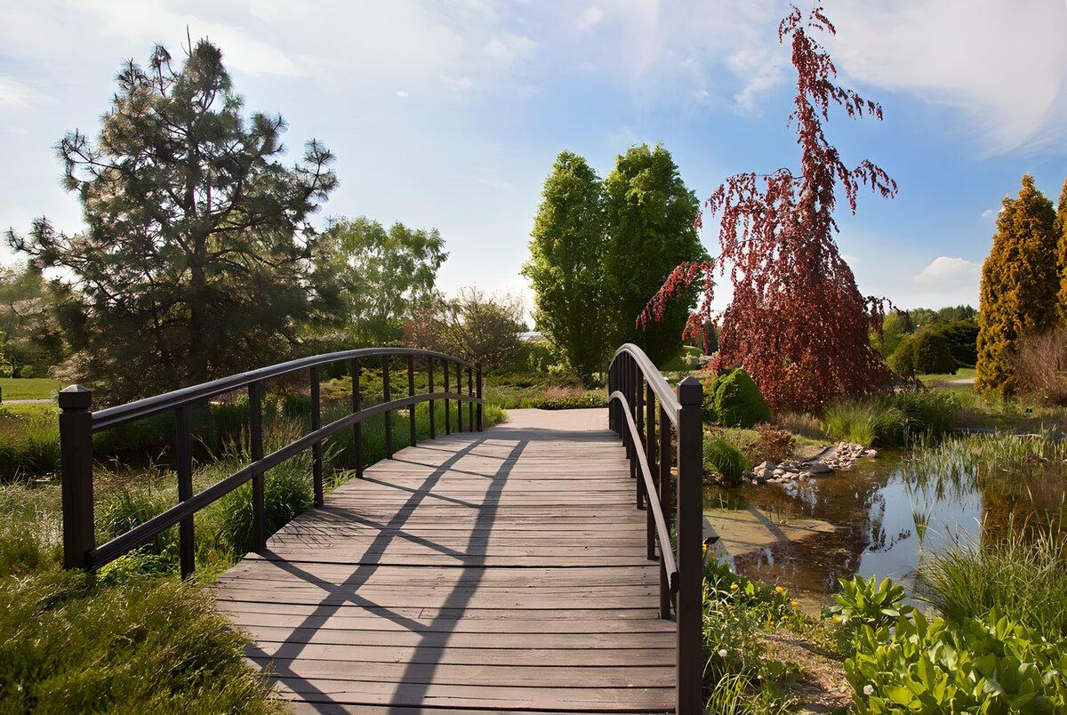 Holzbrücke über dem Gartenteich