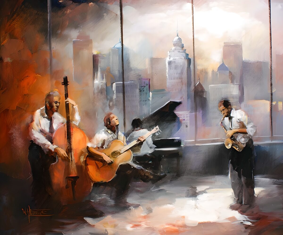 Jazzquartett im warmen Fensterlicht