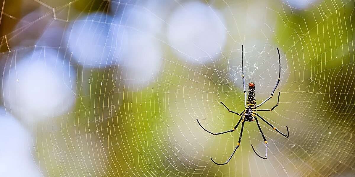 Schwarz-gelbe Spinne im schimmernden Netz