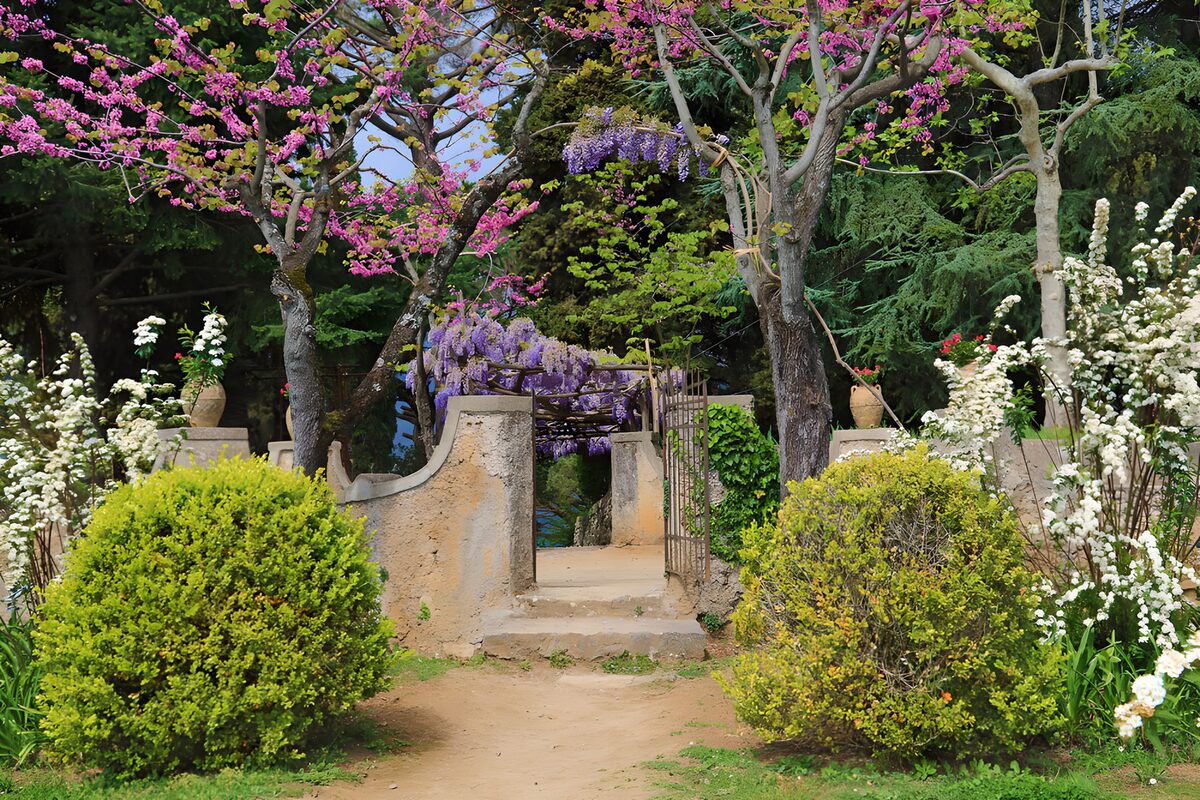 Offenes Gartentor im blühenden Garten