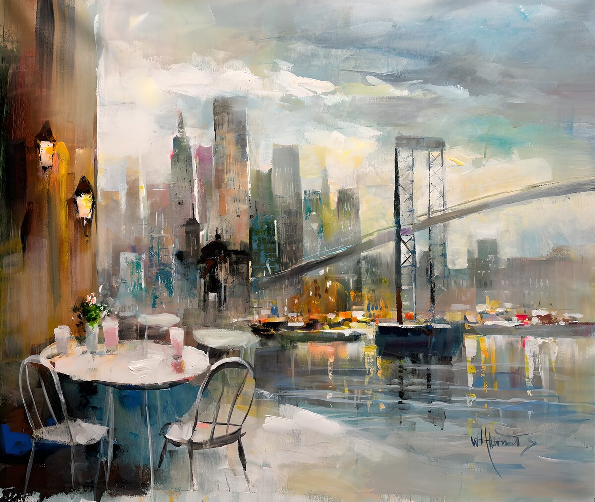 Caféterrasse mit Brücke und Skyline