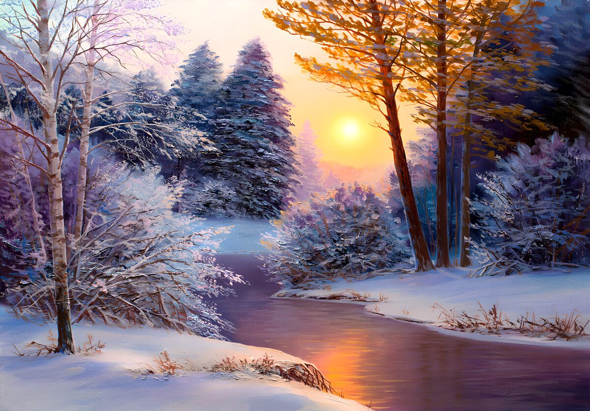 Winterwald am Fluss im goldenen Licht