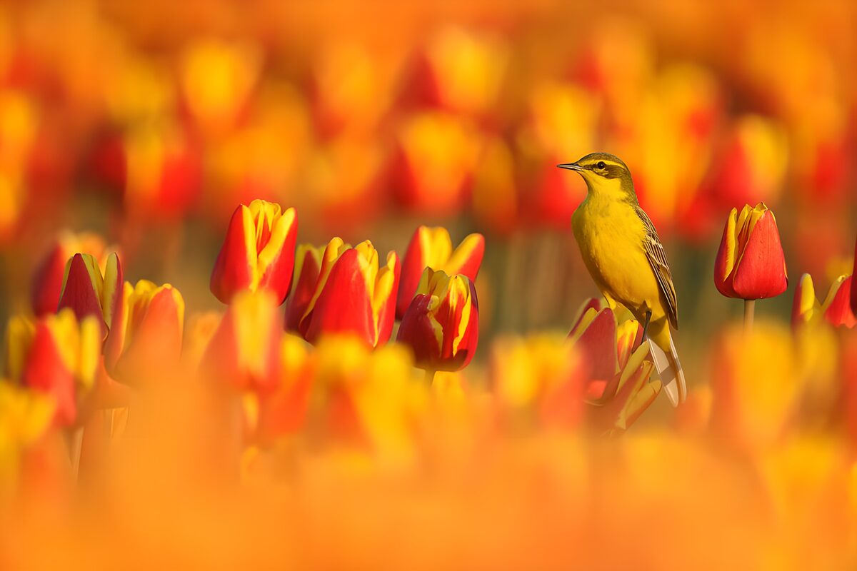 Schafstelze zwischen sonnigen Tulpen
