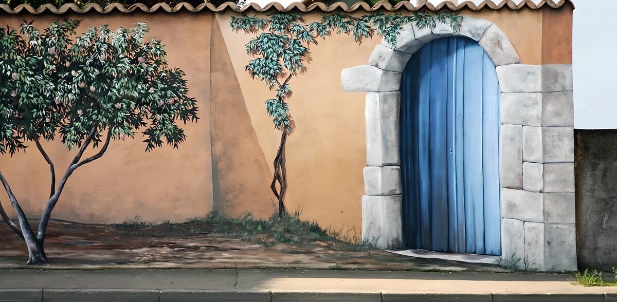 Blaue Bogentür an ockerfarbener Wand