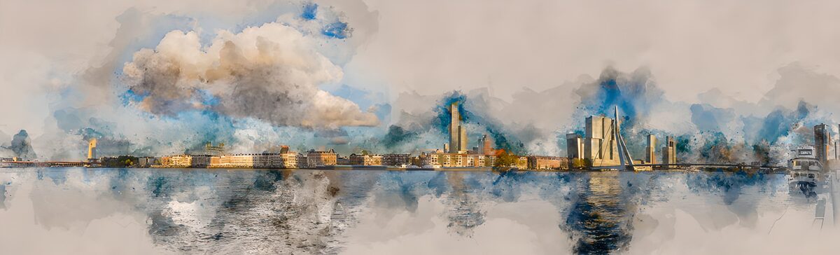 Rotterdams Skyline in sanften Aquarellfarben