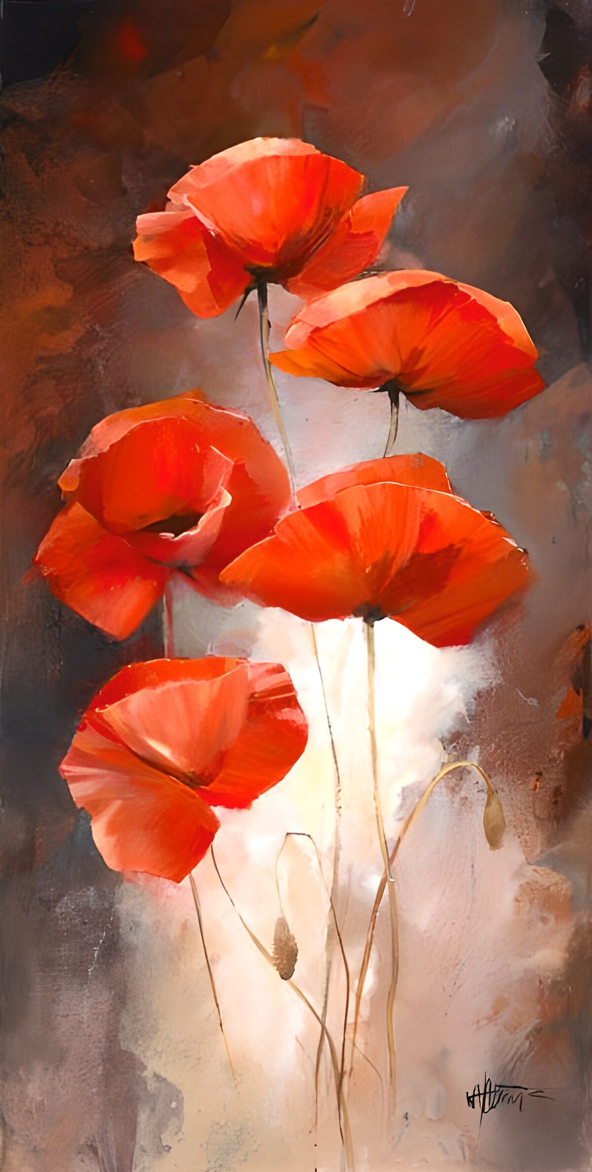 Fünf Mohnblüten in warmem Rotorange