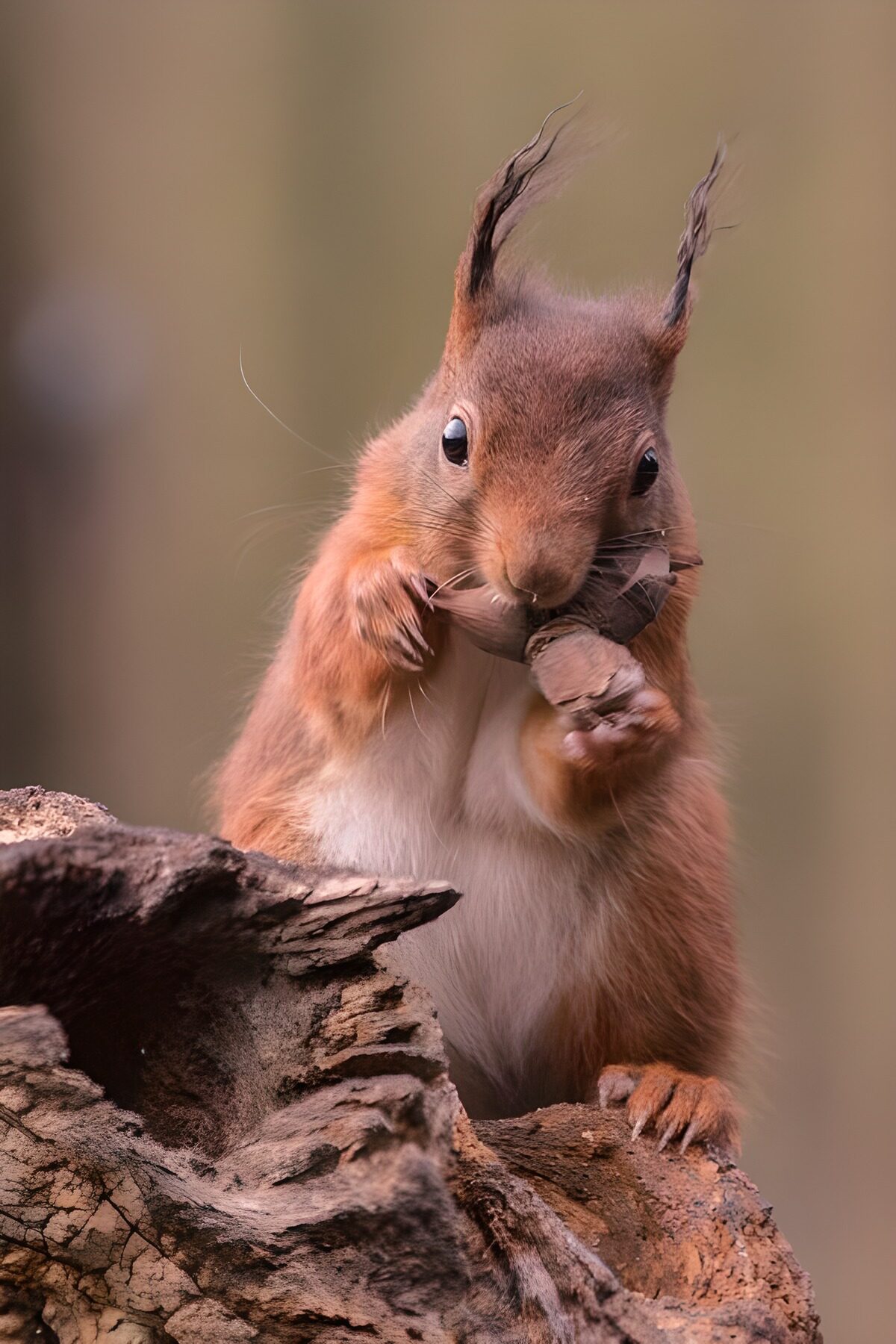 Rotes Eichhörnchen auf rauem Holz