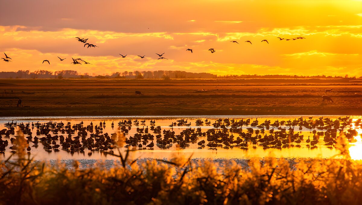Wasservögel im goldenen Gegenlicht