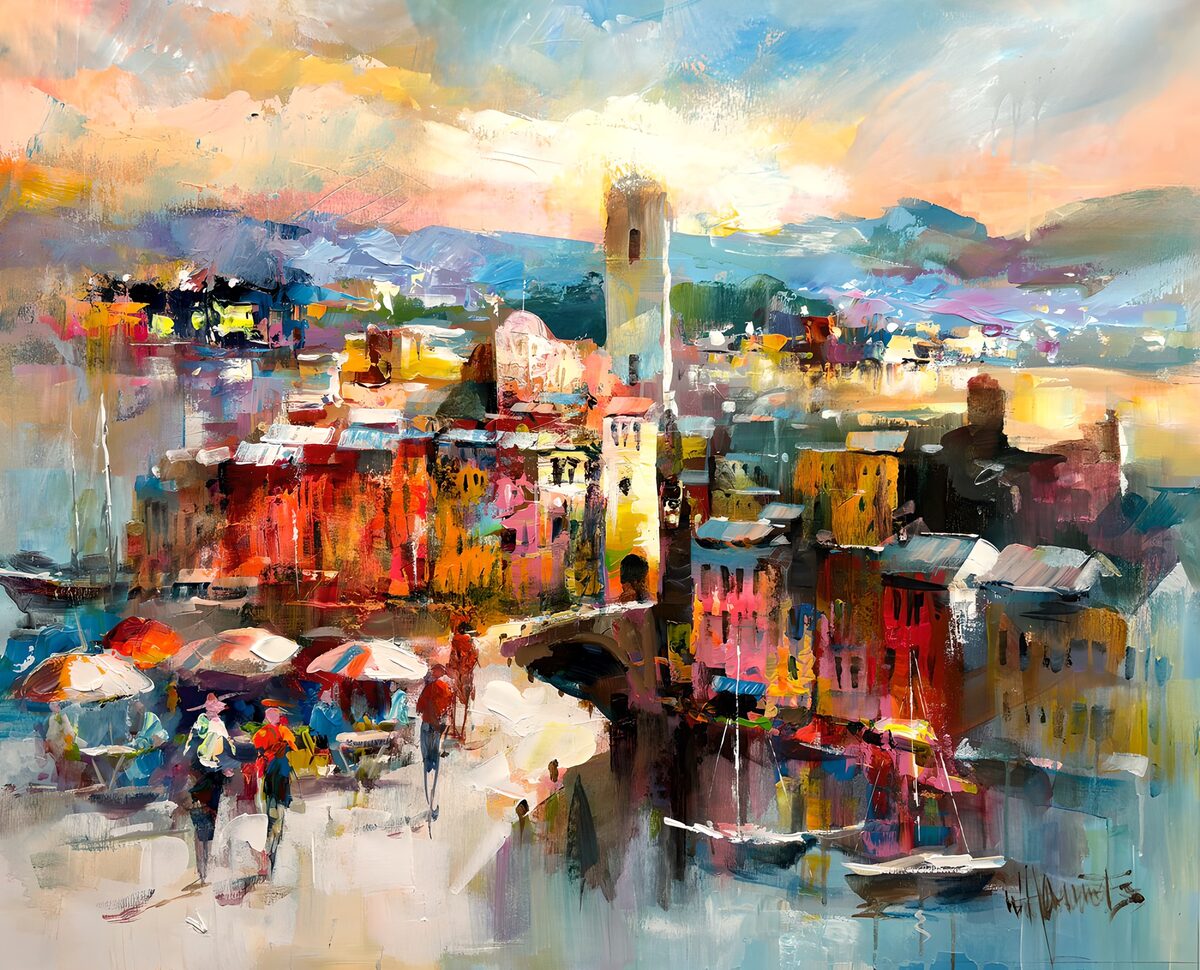 Bunte Hafenstadt im Abendlicht
