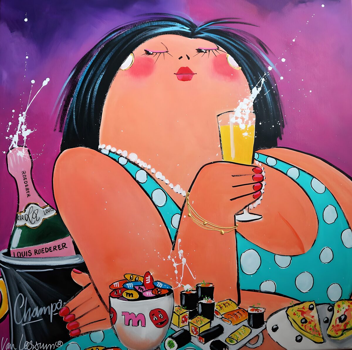 Frau im Punktekleid mit Champagner