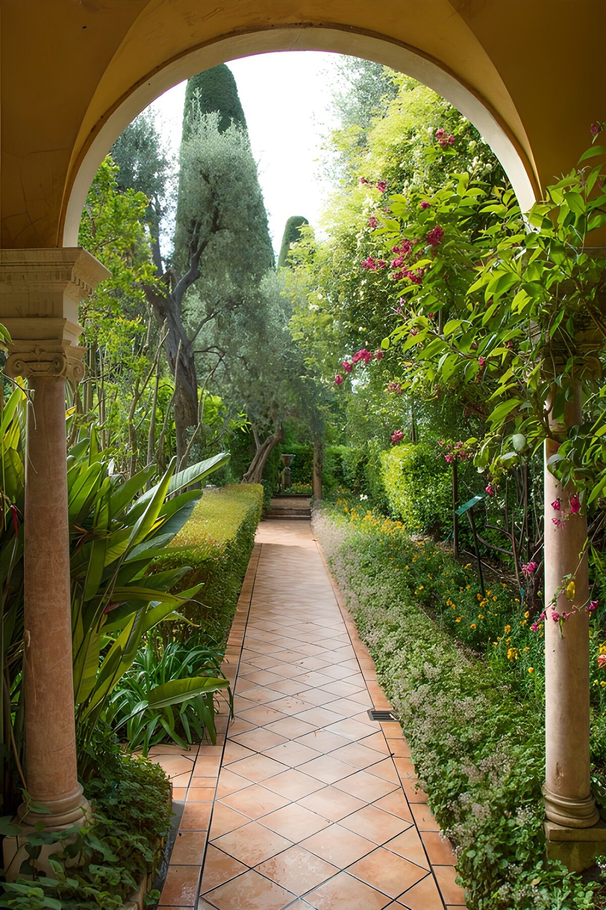 Schattiger Steinbogen zum blühenden Garten