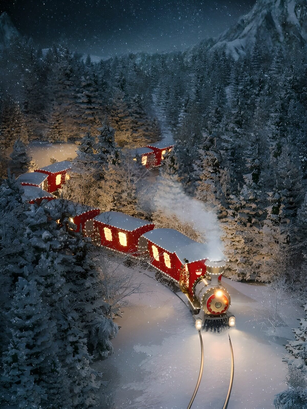Weihnachtszug im nächtlichen Winterwald