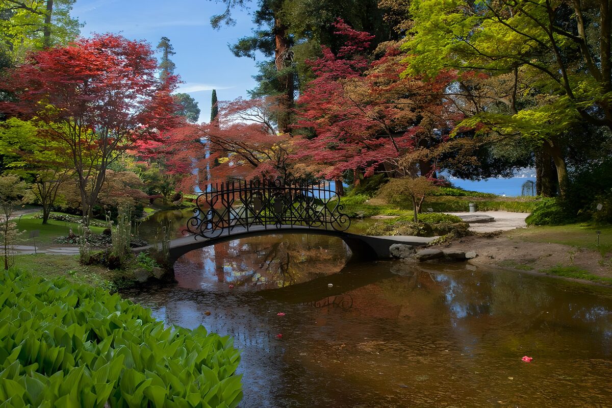 Bogenbrücke über dem stillen Gartenteich