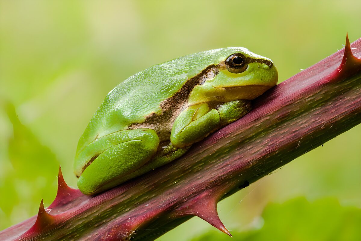 Grüner Frosch auf dornigem Stängel