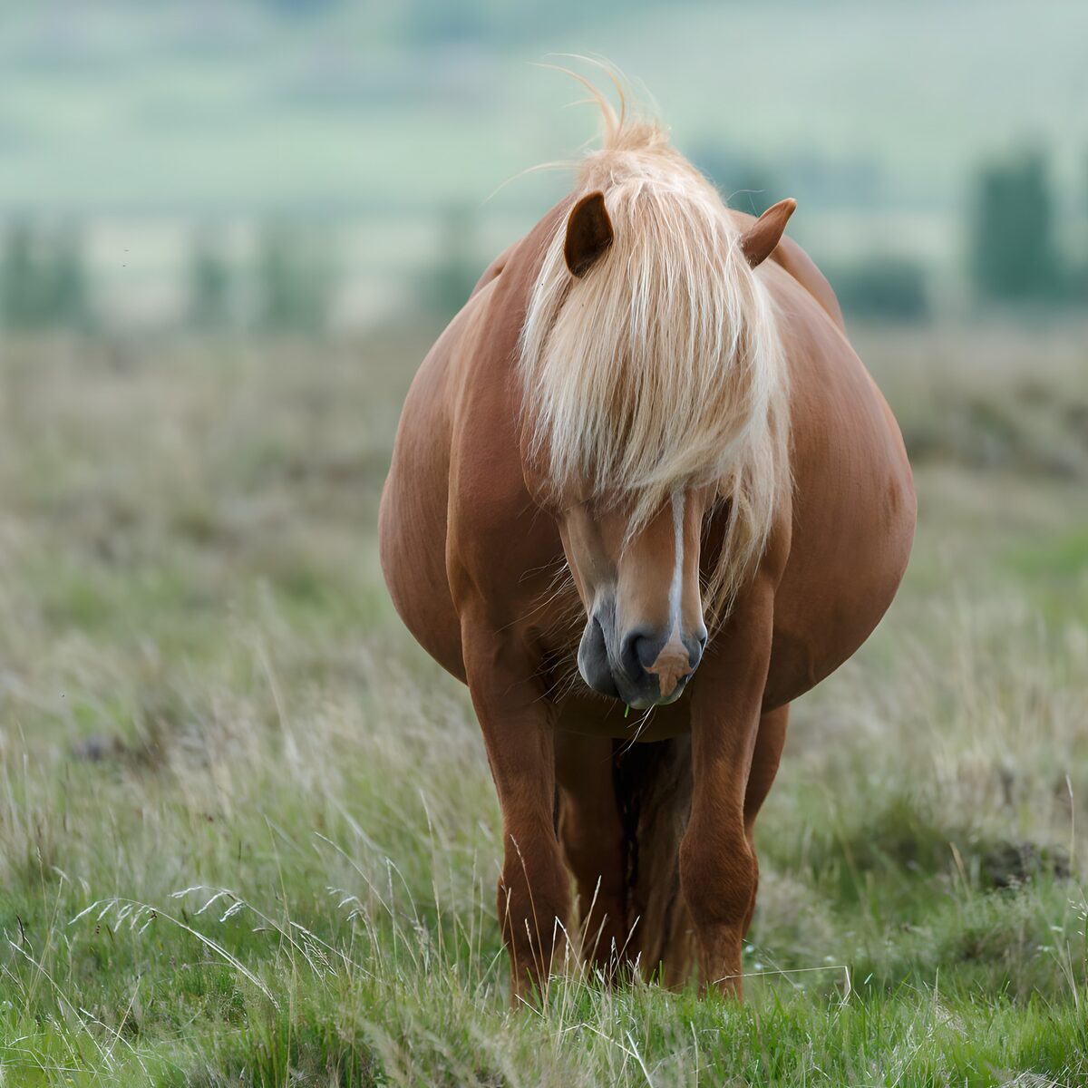 Braunes Pferd mit blonder Mähne im Gras