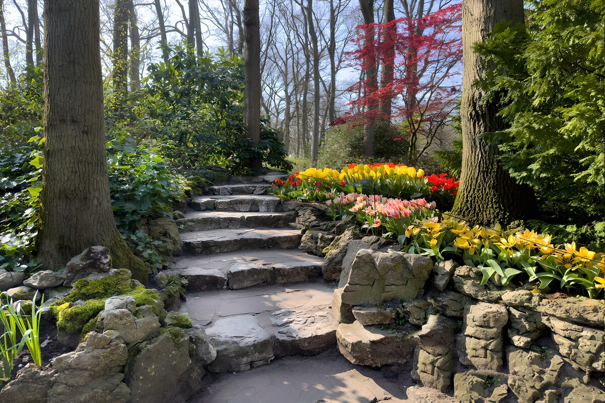 Sonnige Steintreppe zwischen Frühlingsblumen