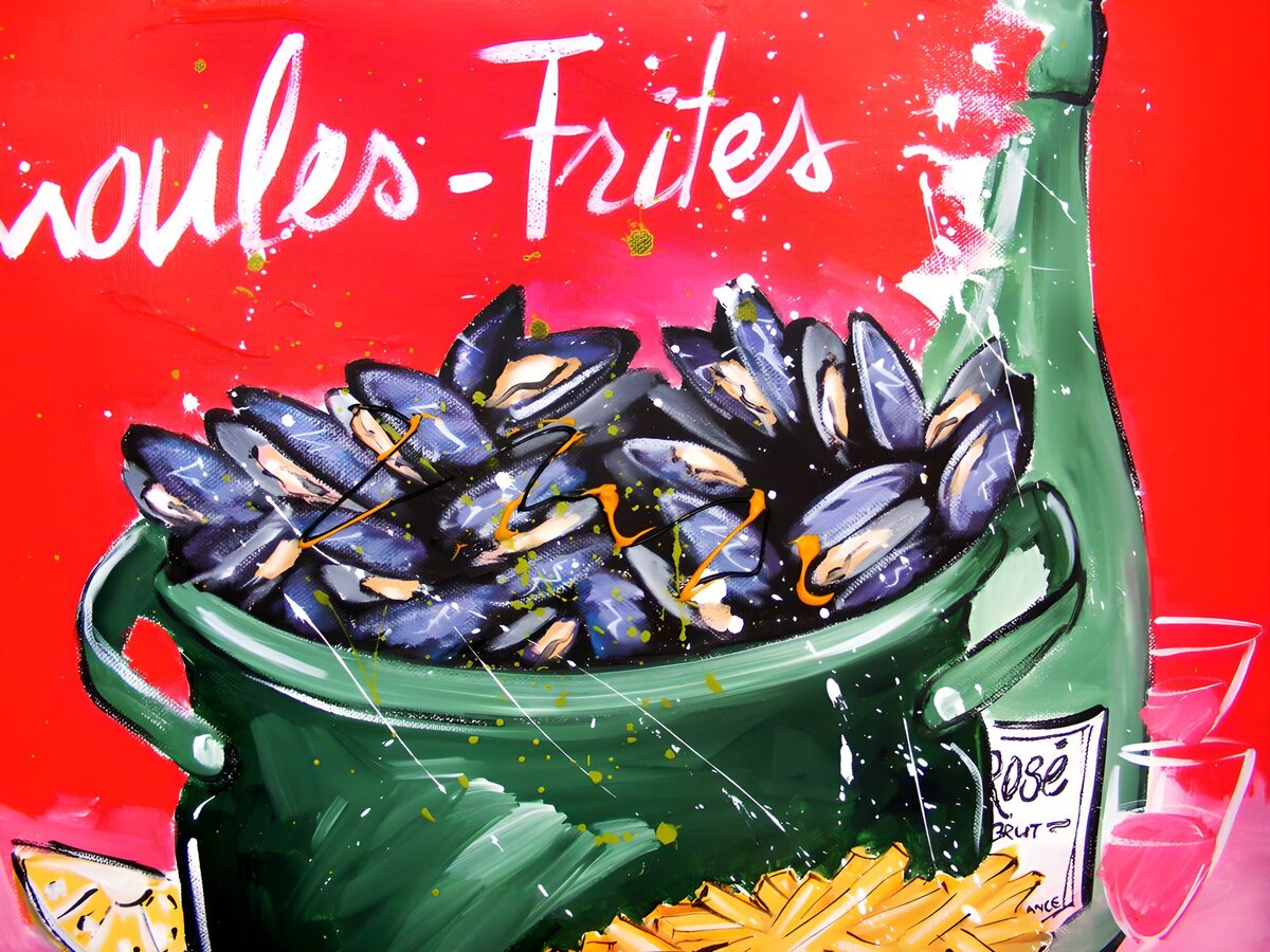 Muscheln, Pommes und Rosé in Rot und Pink