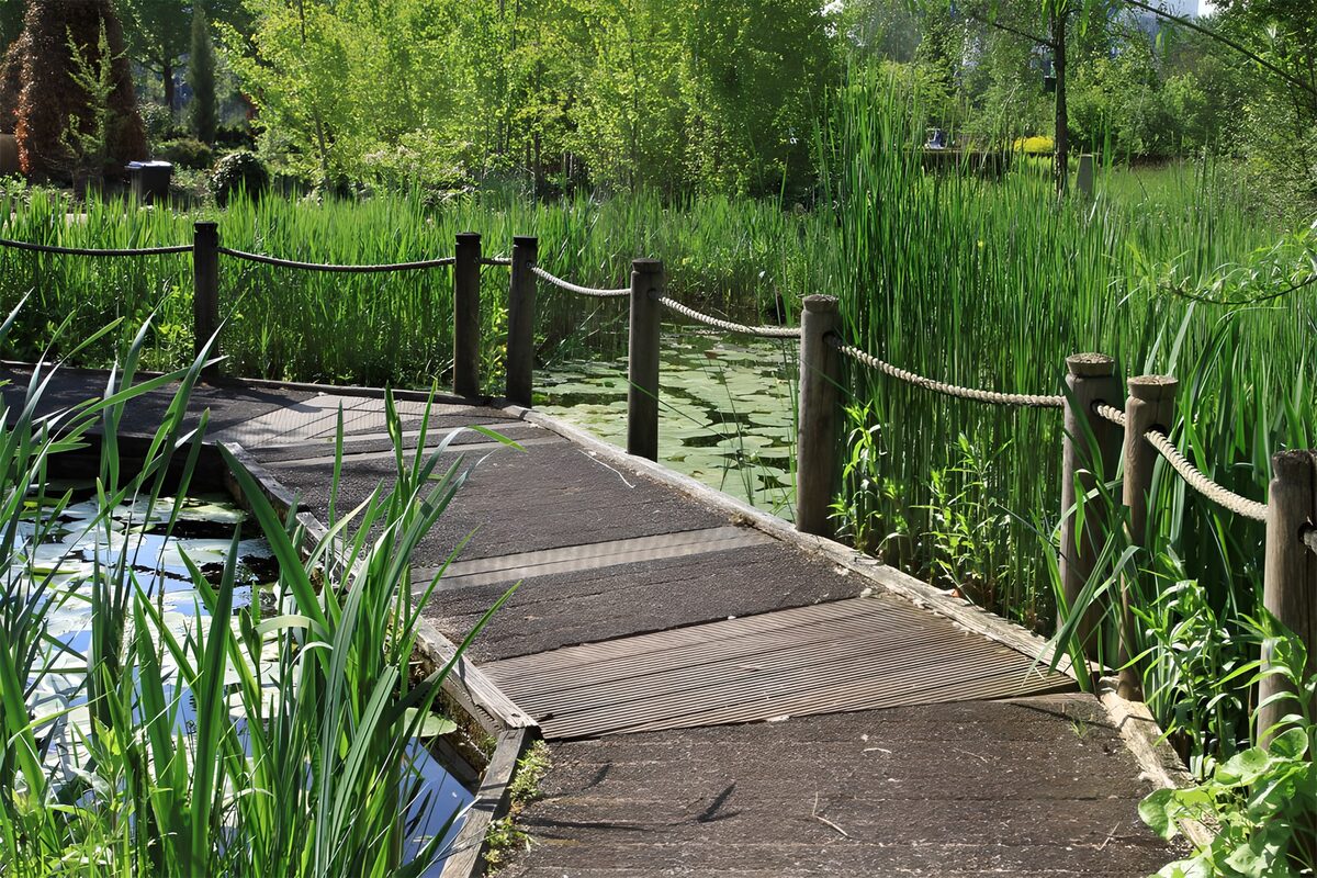 Holzsteg mit Seilgeländer am Gartenteich