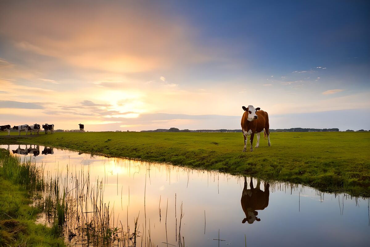 Kühe am Wasser im Abendlicht