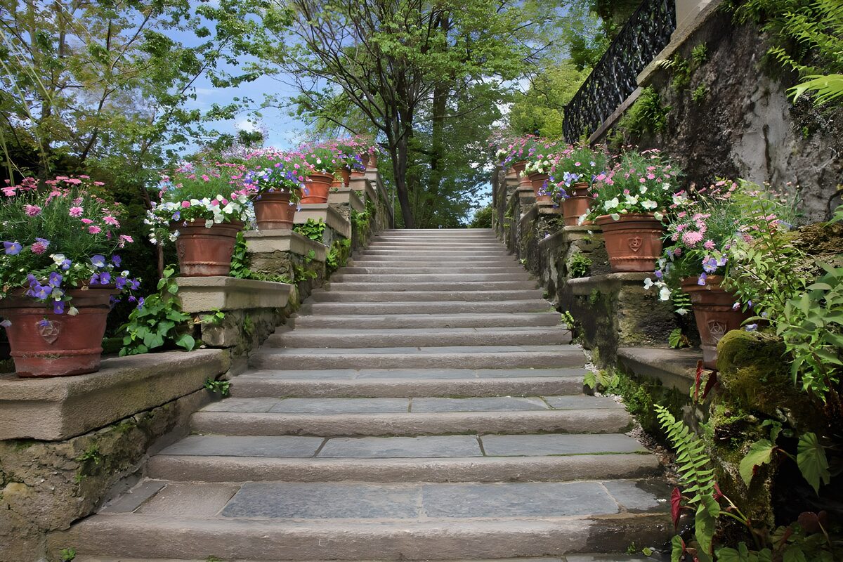 Steintreppe zwischen üppigen Blumentöpfen