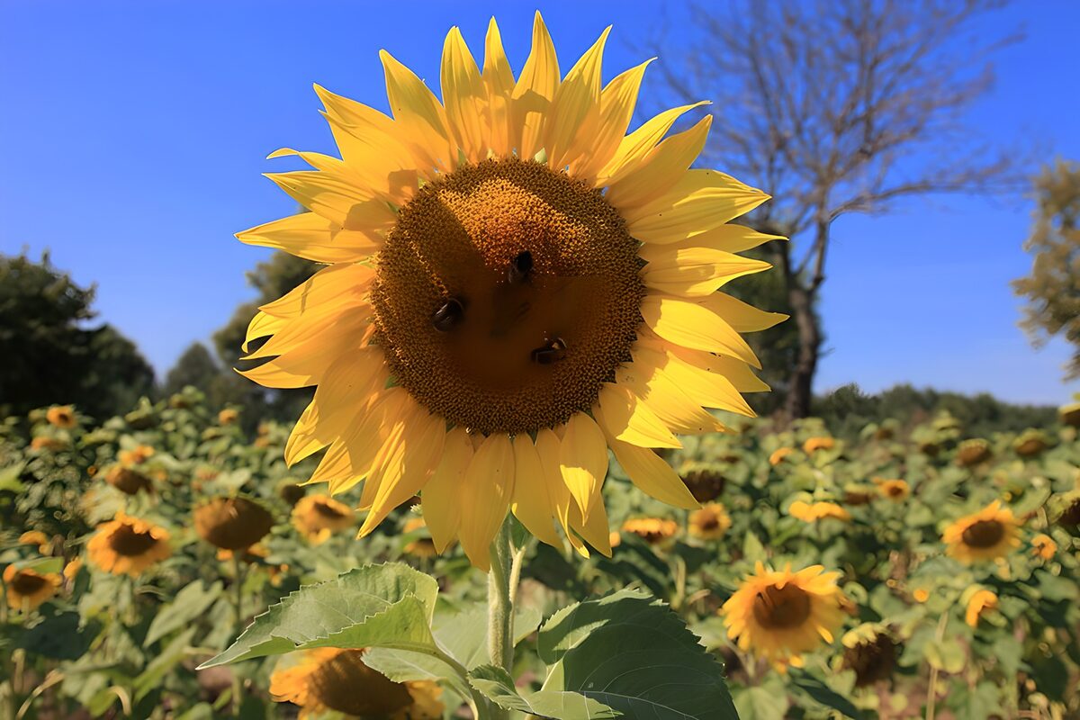 Sonnenblume mit Bienen im Sommerlicht
