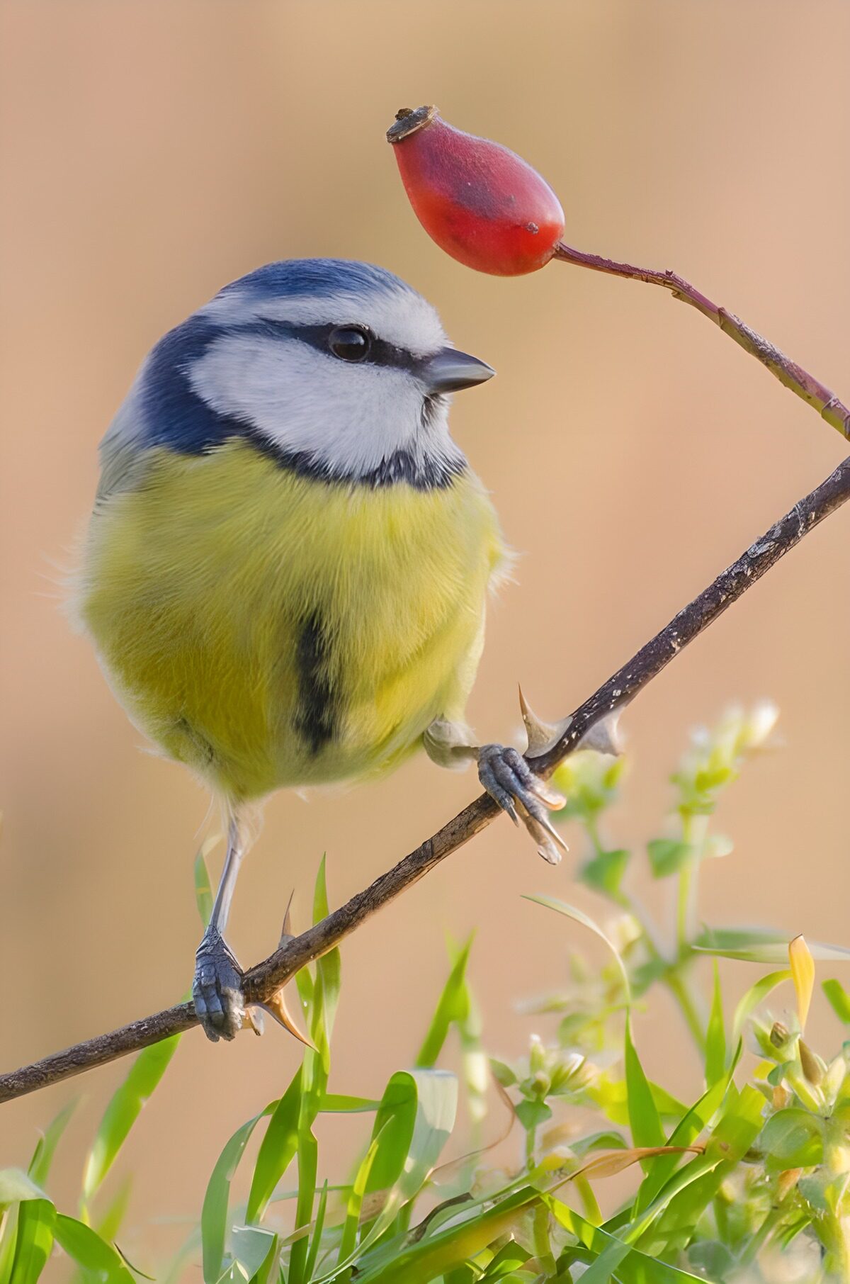 Blaumeise auf dornigem Zweig