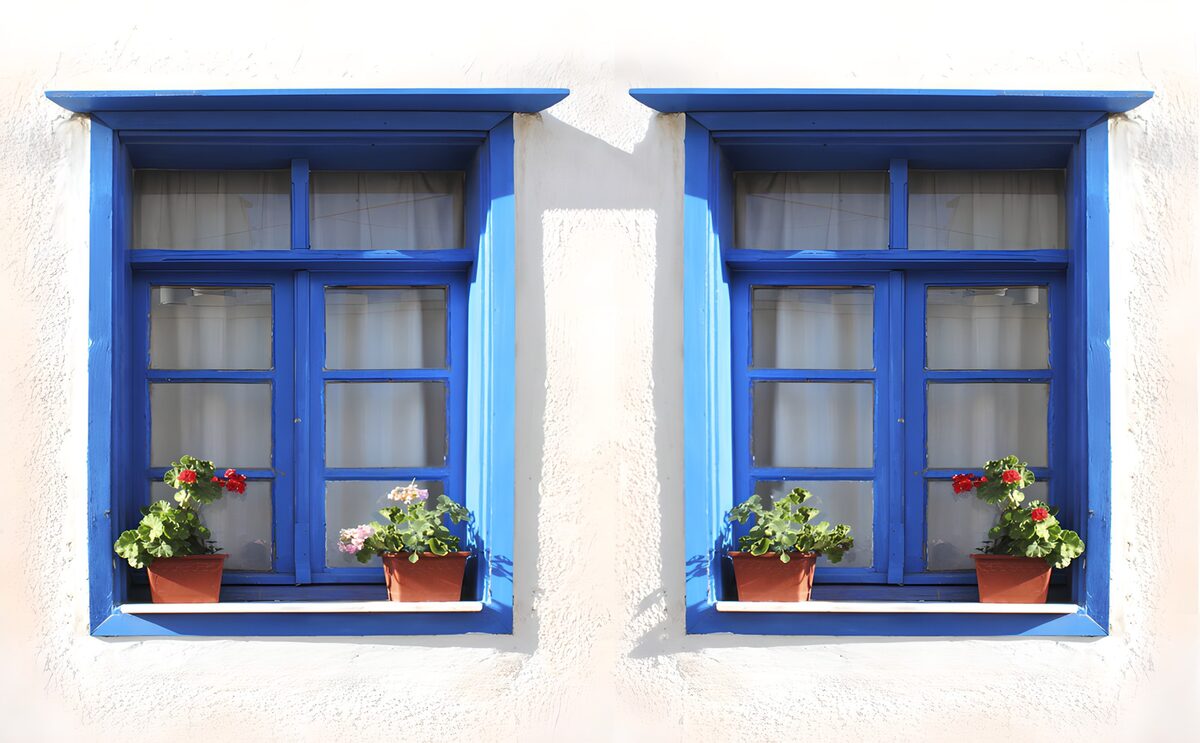 Zwei blaue Fenster mit Blumen in der Sonne