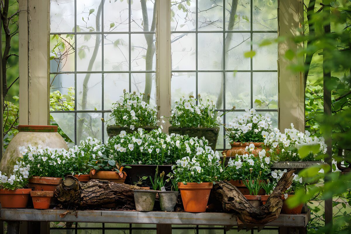Weiße Blüten in rustikalen Töpfen