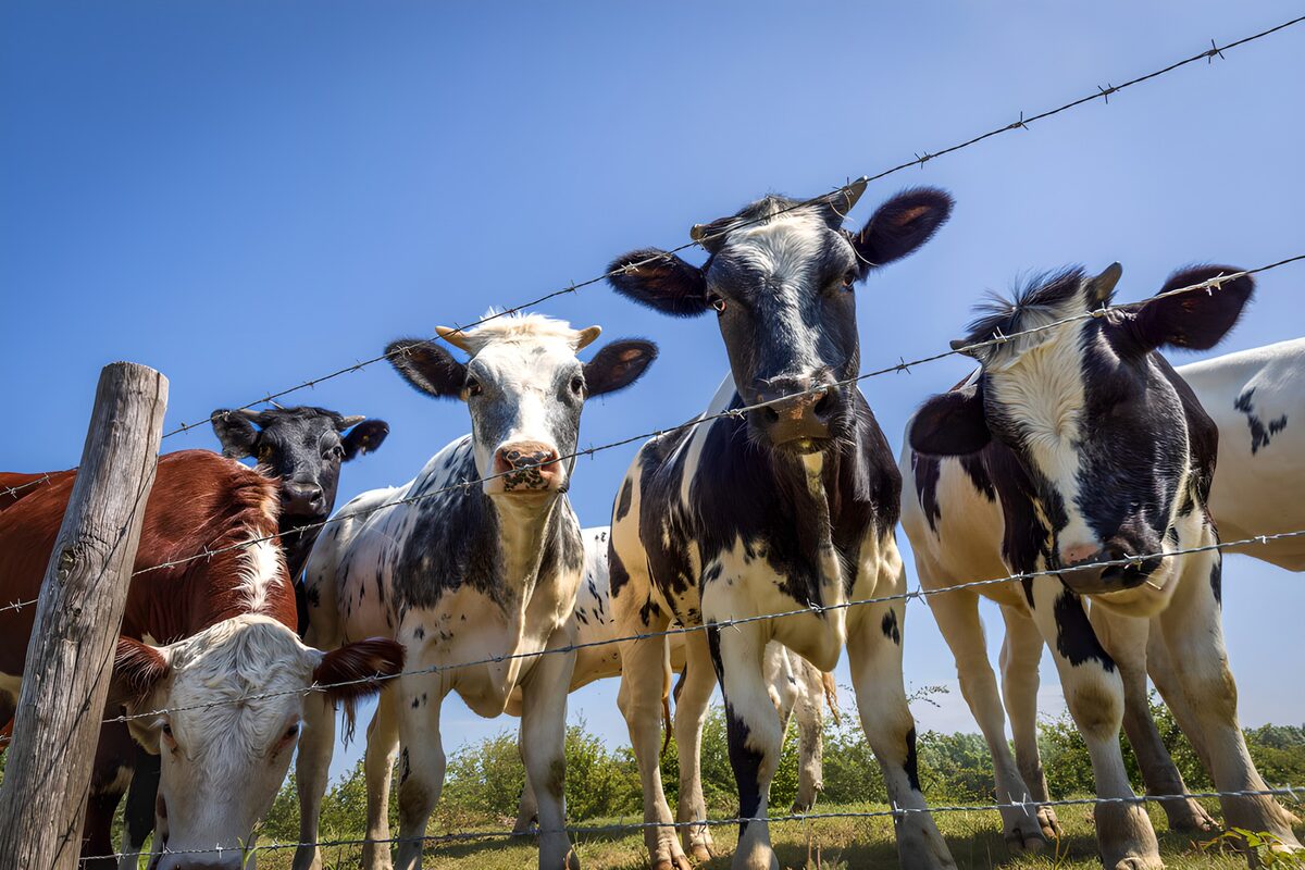 Neugierige Rinder hinter Stacheldraht