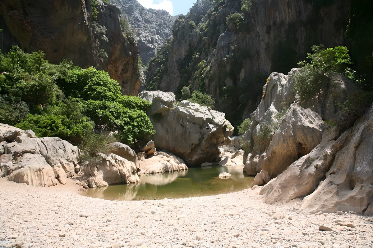 Grüner Felspool im Schatten der Schlucht