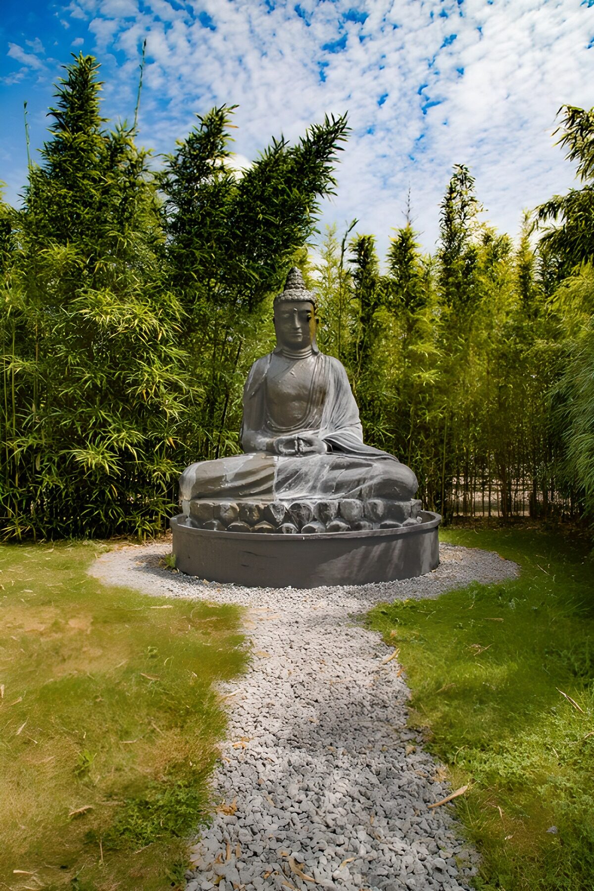 Sitzender Buddha im grünen Bambusgarten