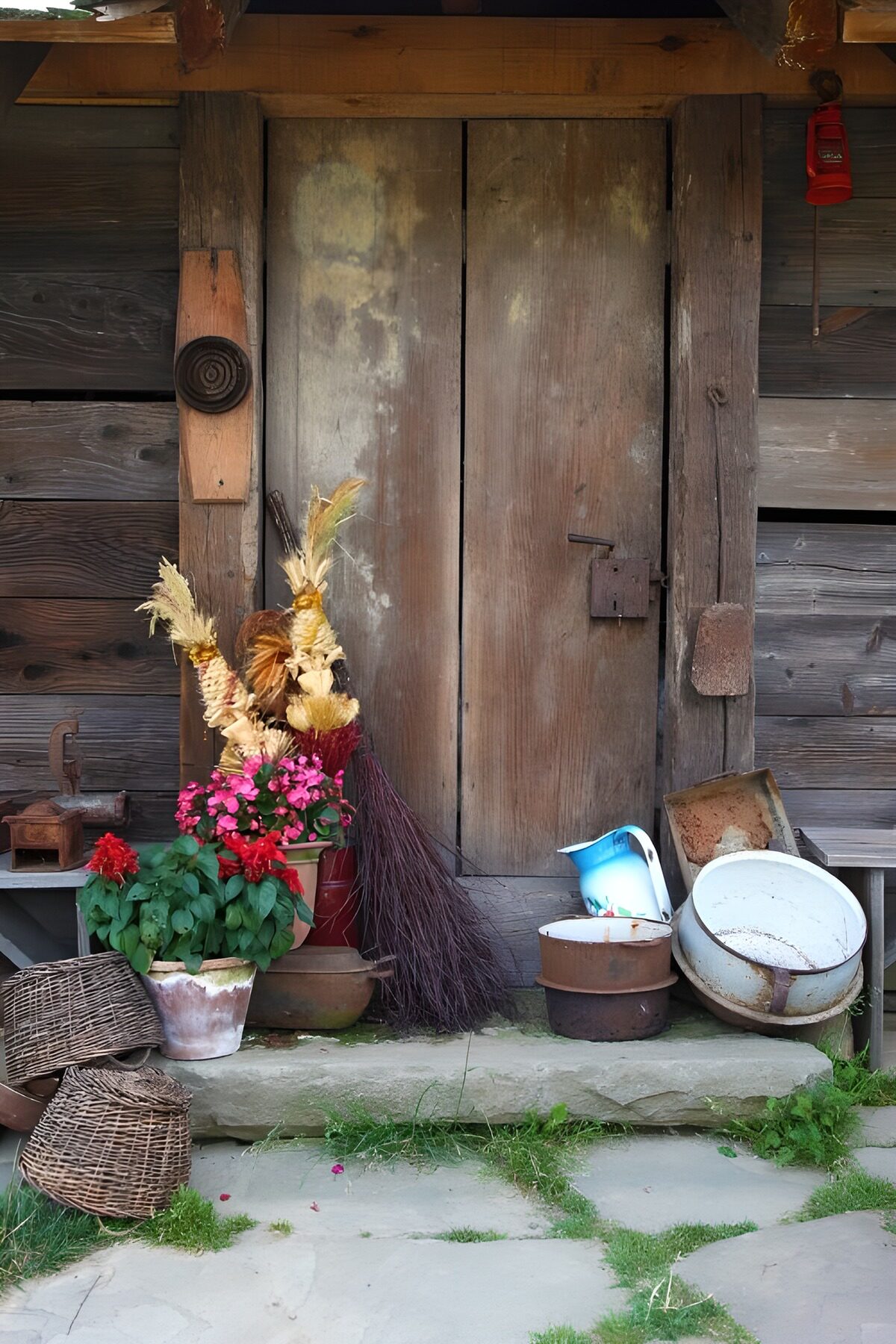 Alte Holztür mit Blumen und Körben