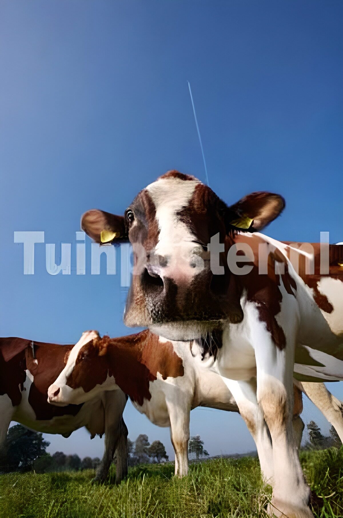 Braun-weiße Kühe unter blauem Himmel