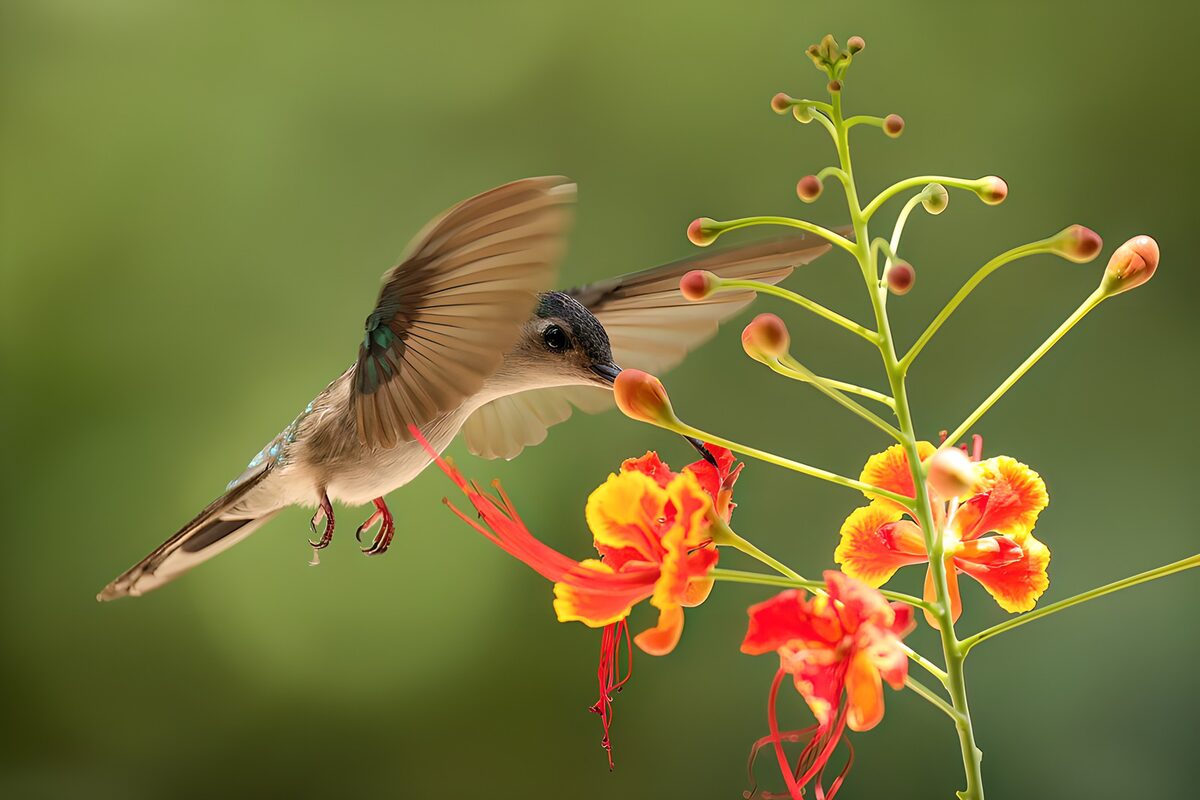 Kolibri im Flug an leuchtenden Blüten
