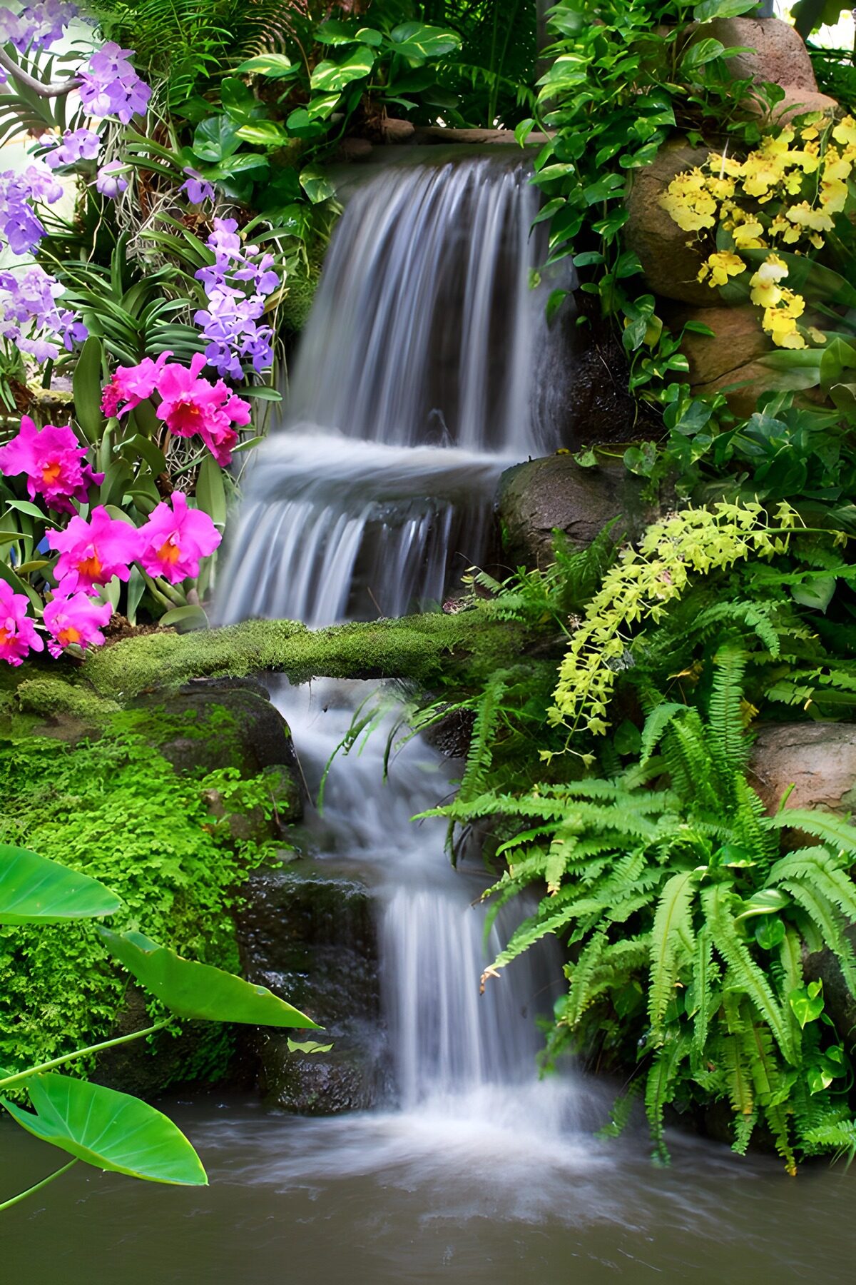 Wasserfall zwischen Orchideen und Farnen