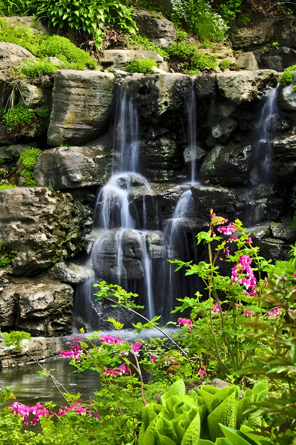 Gartenwasserfall zwischen Fels und Blüten