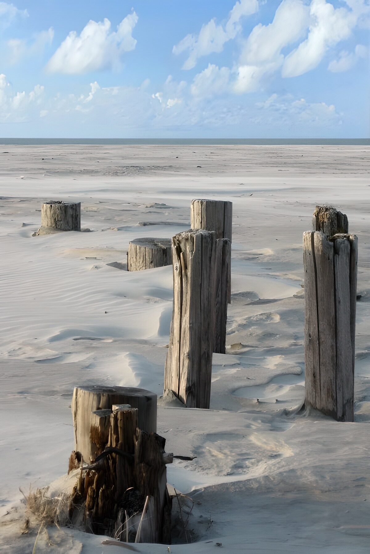 Verwitterte Holzpfosten am stillen Strand