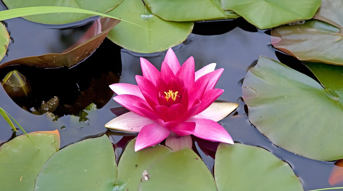 Rosa Seerose auf stillem Teichwasser