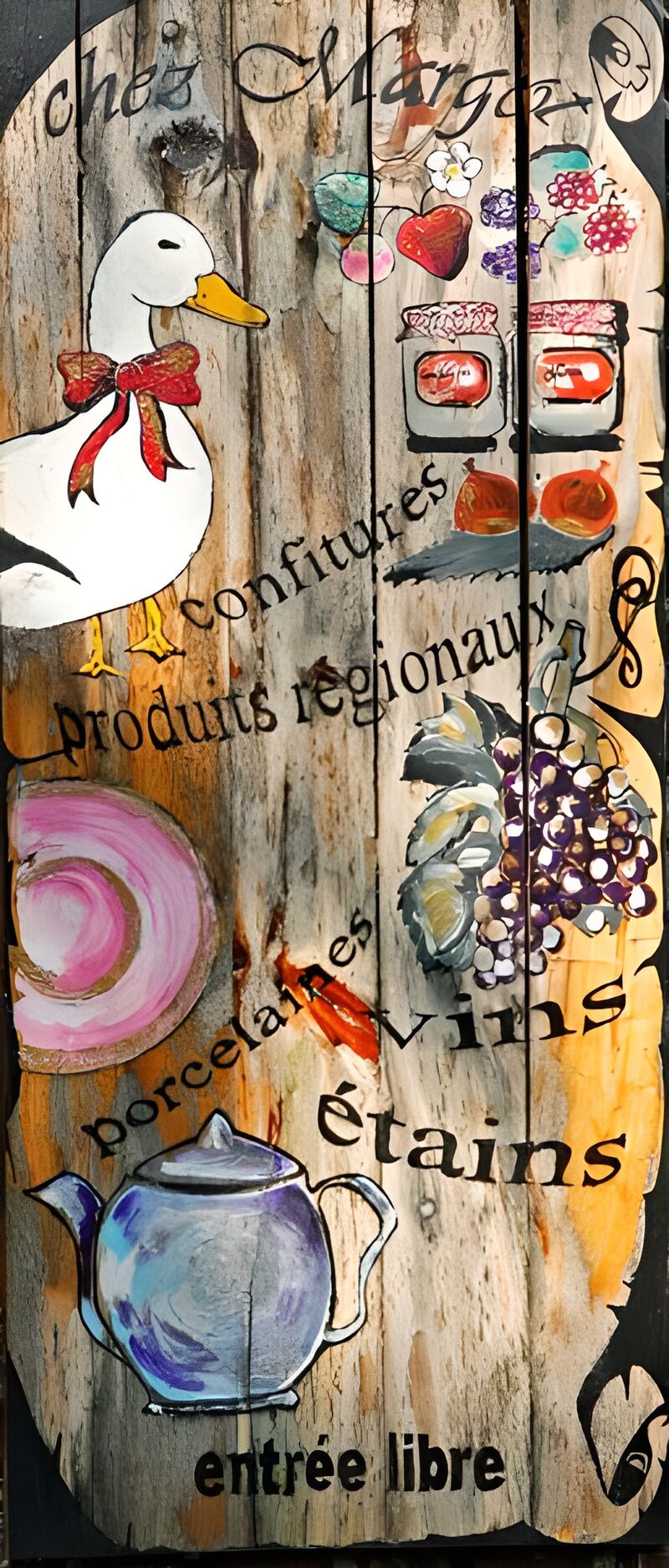 Rustikales Schild mit Ente und Konfitüre
