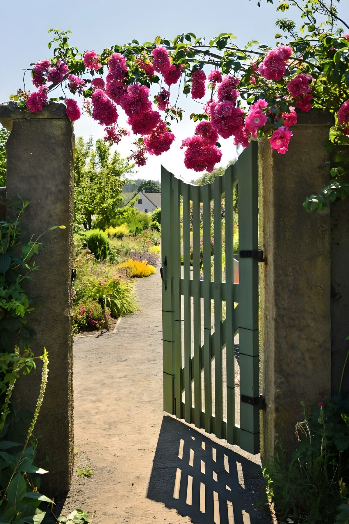 Offenes Gartentor unter pinken Blüten