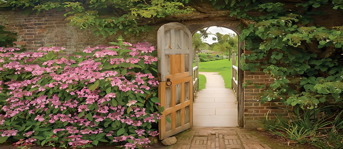 Offene Gartentür zwischen rosa Blüten