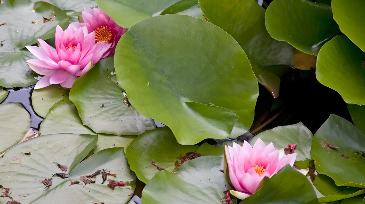 Drei rosa Seerosen im dichten Blattgrün
